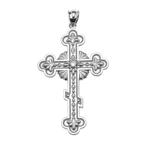 14KT White Gold Elegant Eastern Orthodox Diamond Cross- 2"