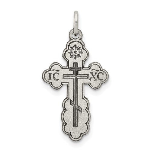 Sterling Silver St. Olga Style Cross- 1 1/8"- Antique-Look Silver (Engraved)