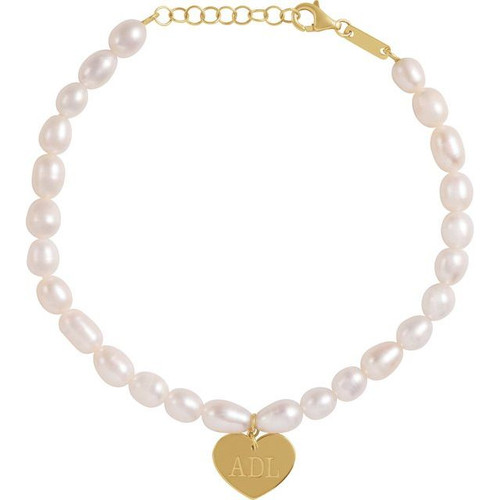 14KT Cultured White Freshwater Pearl & Heart 7-8" Bracelet: PERSONALIZED