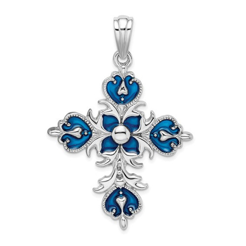 Sterling Silver and Blue Enameled Cross Pendant- 1 3/4"