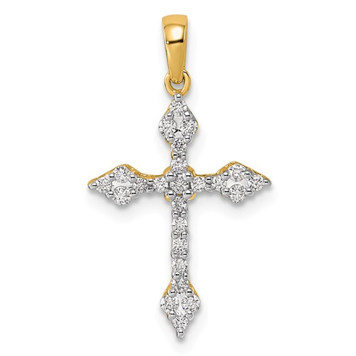 14KT Gold & Genuine Diamond Budded Cross Pendant- 1 1/8"