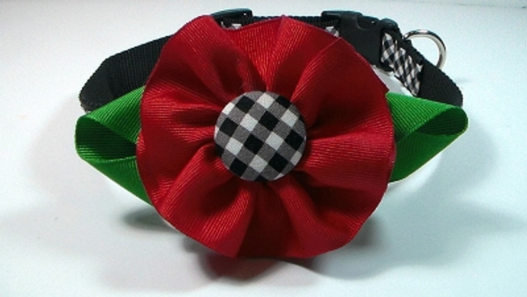 Dog Collar-Black Check/Red Flower
