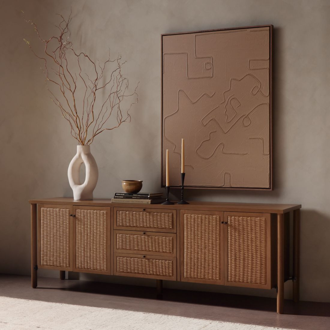 Veta Taupe Woven Cane Media Console 82" Zin Home