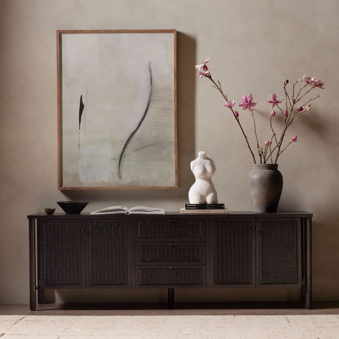 Veta Black Woven Cane Media Console 82" Zin Home