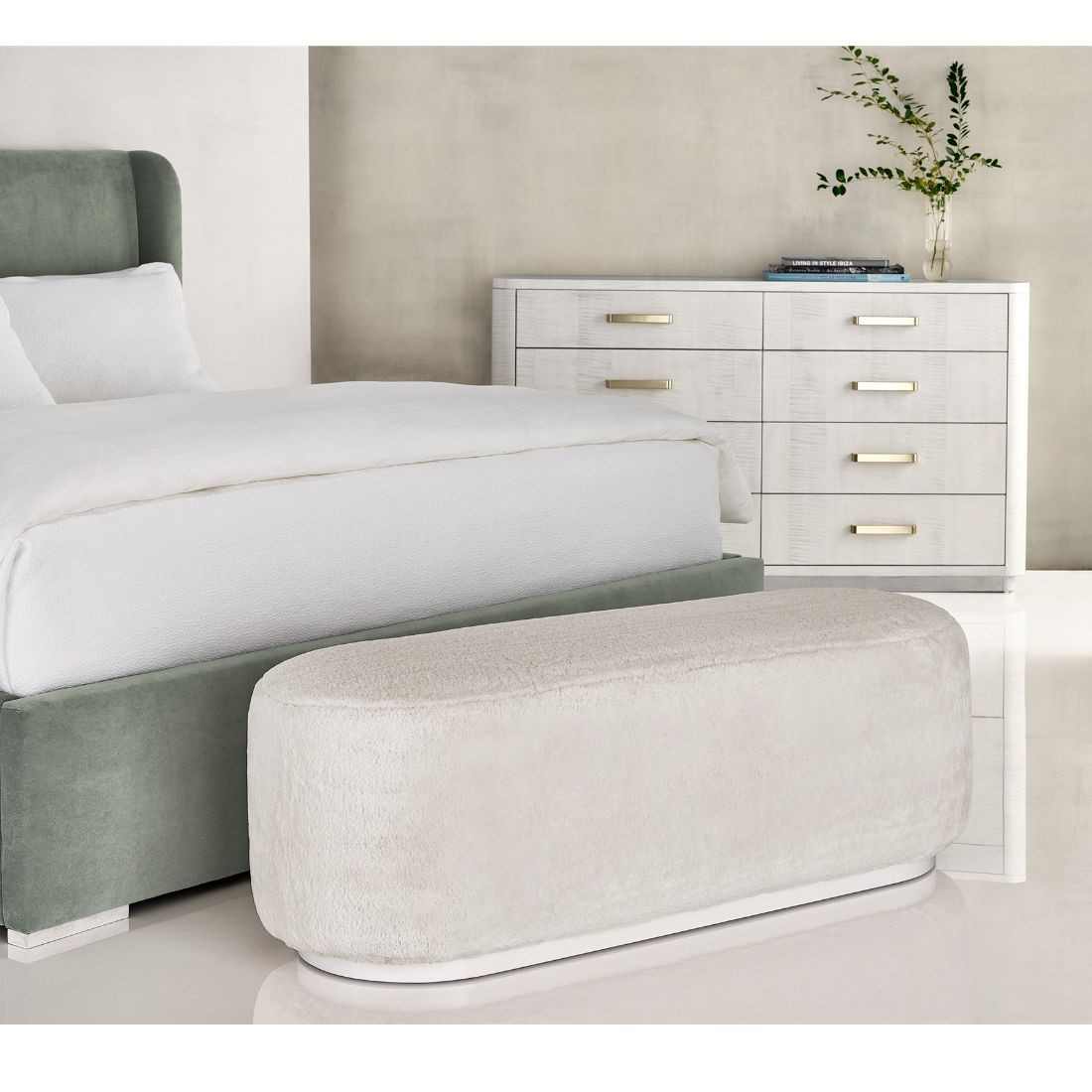 Modern Hollywood Regency White Alpaca Fur Bench | Zin Home