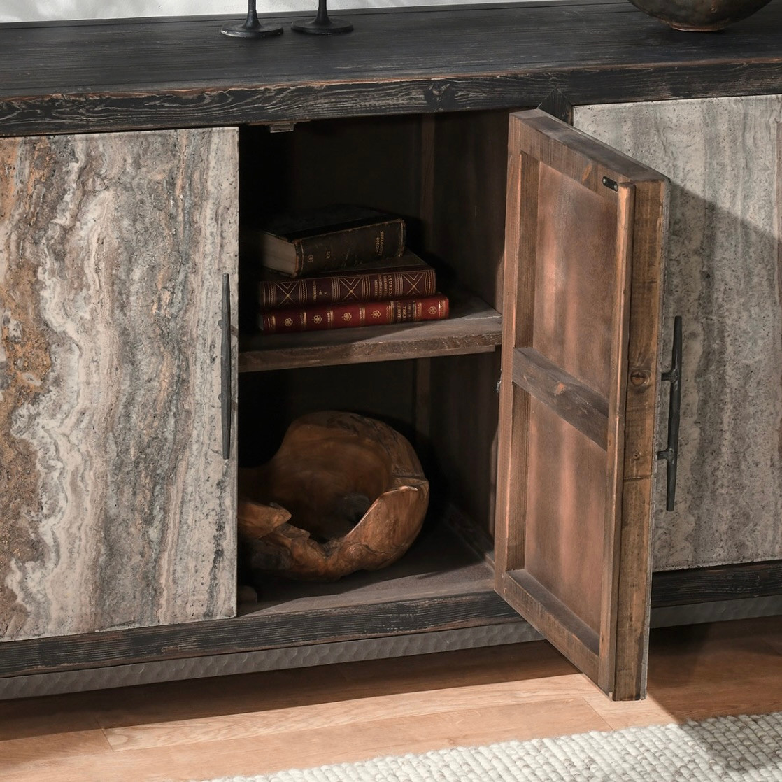 Lisbon 6-Door Reclaimed Wood and Travertine Sideboard 103