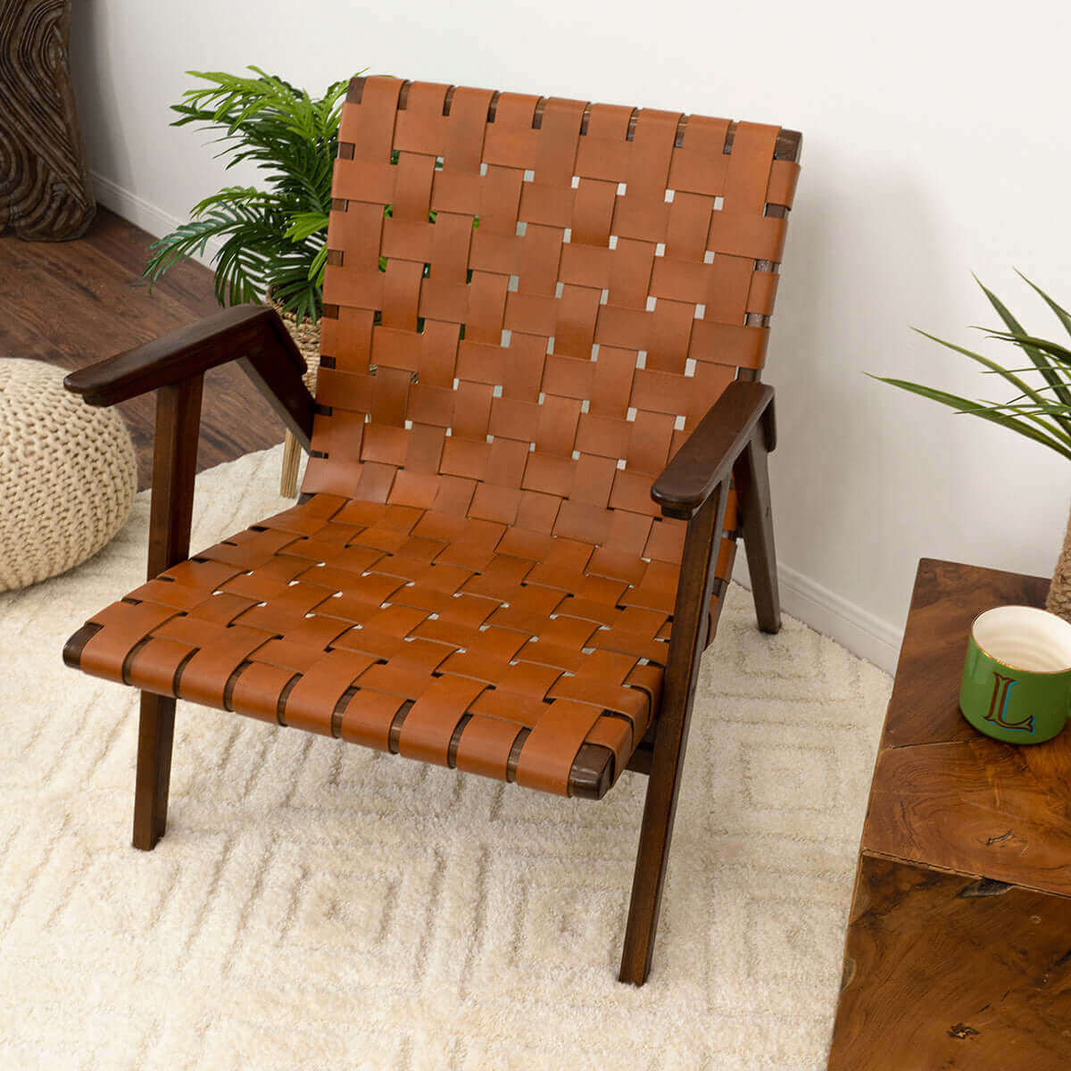 TEAK & LEATHER DINIG CHAIR② David Genuine Leather Teak Lounge Chair| Zin Home
