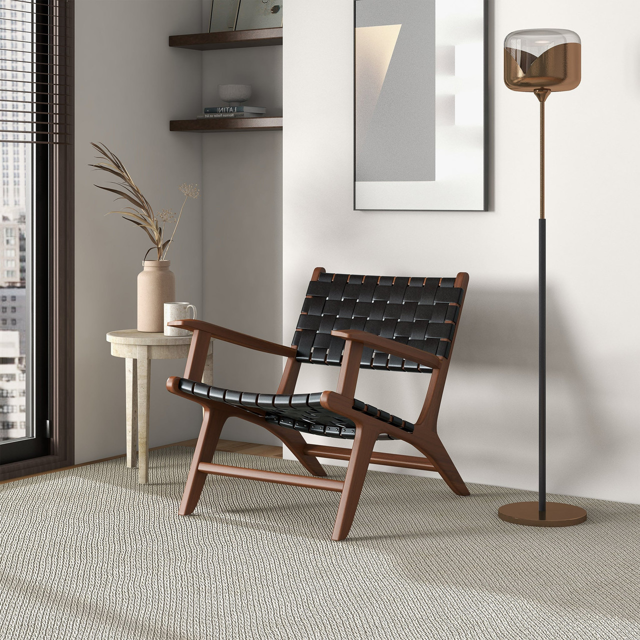 Melody Black Strap Leather Teak Wood Lounge Chair - Black| Zin Home