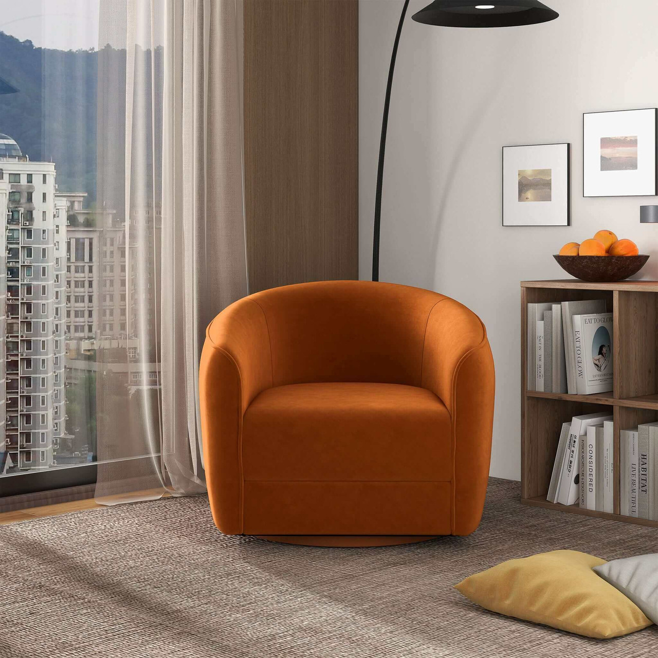Elise Mid Century Modern Burnt Orange Velvet Swivel Chair| Zin Home