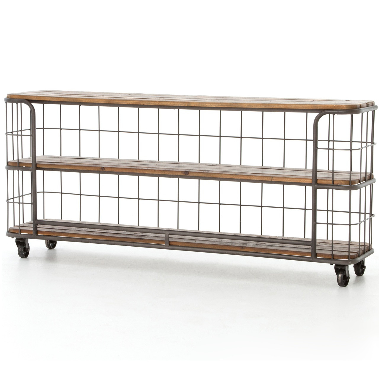 Industrial Rustic Black Metal Wood Baker Console Table On Wheels Zin Home