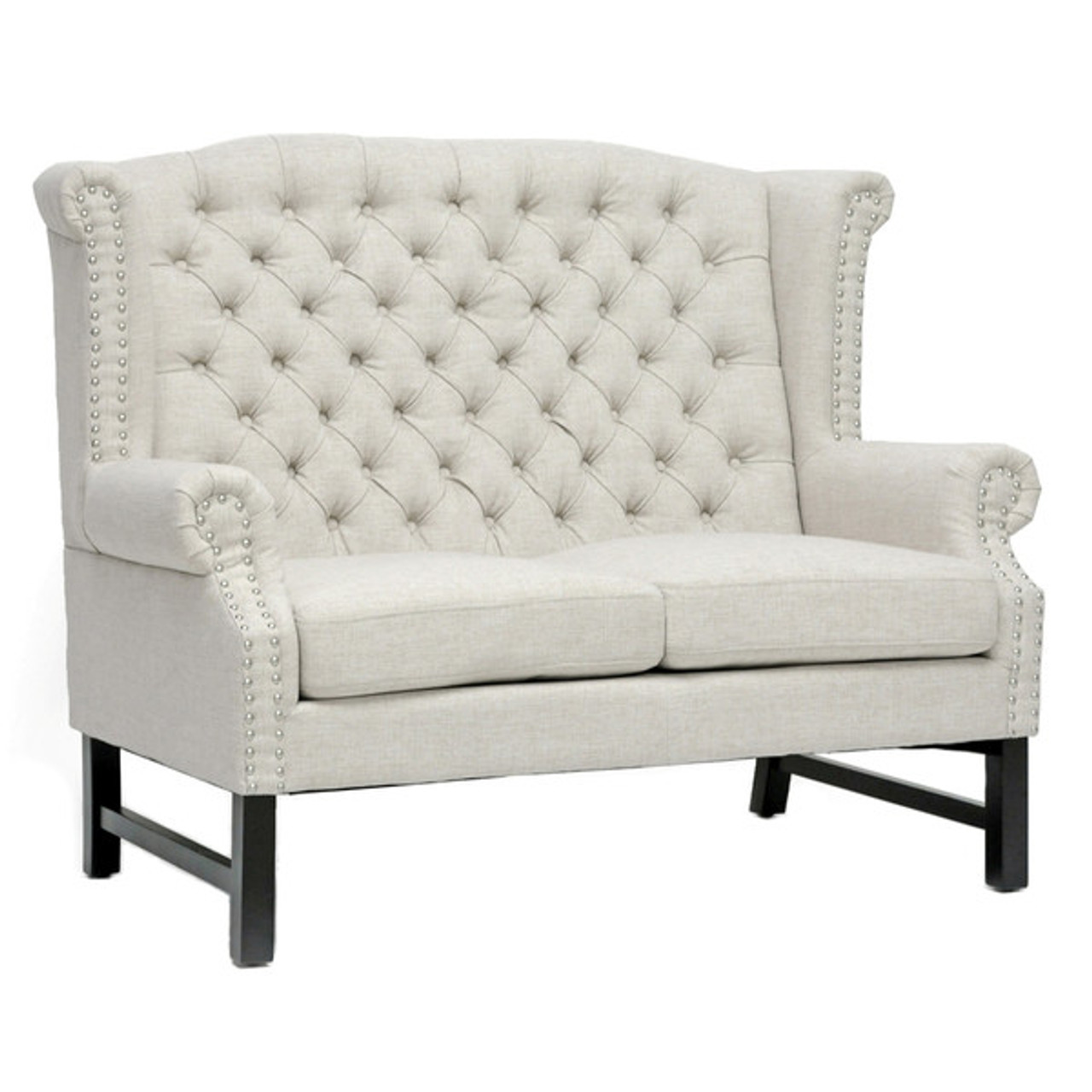 Loveseat Couch Sofa Upholstered Button Tufted Nailhead High Back Settee Beige 