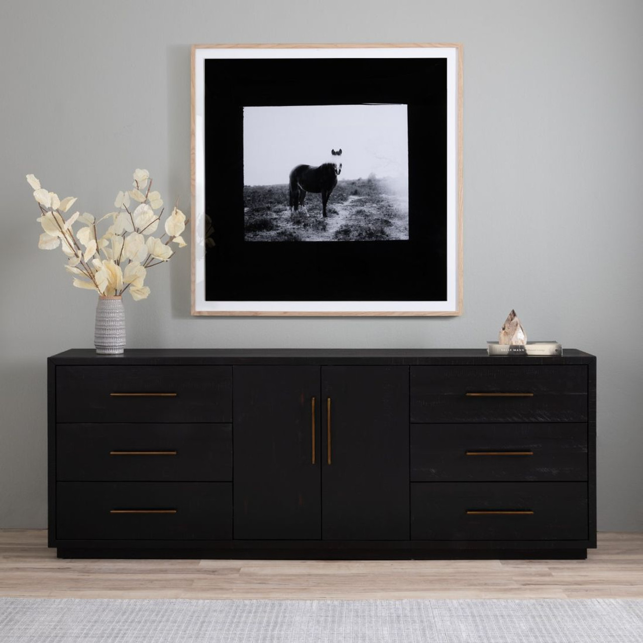 Burnished Black Rustic Wood Large Media Cabinet with Doors