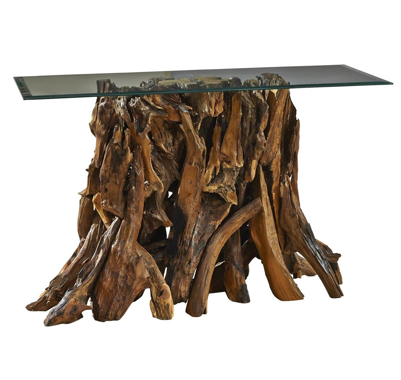Teak Root Console Table With Glass Top Zin Home