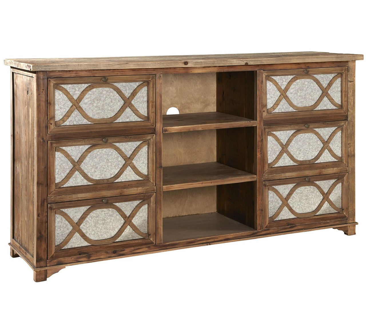 French Lattice Reclaimed Wood Mirrored Media Cabinet Zin Home