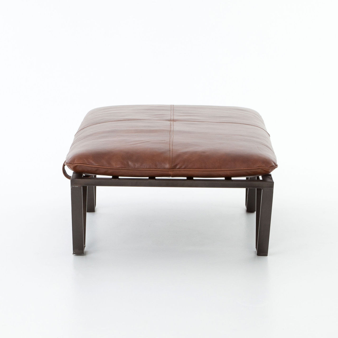Darrow Tan Leather Ottoman with Geometric Metal Legs Zin Home