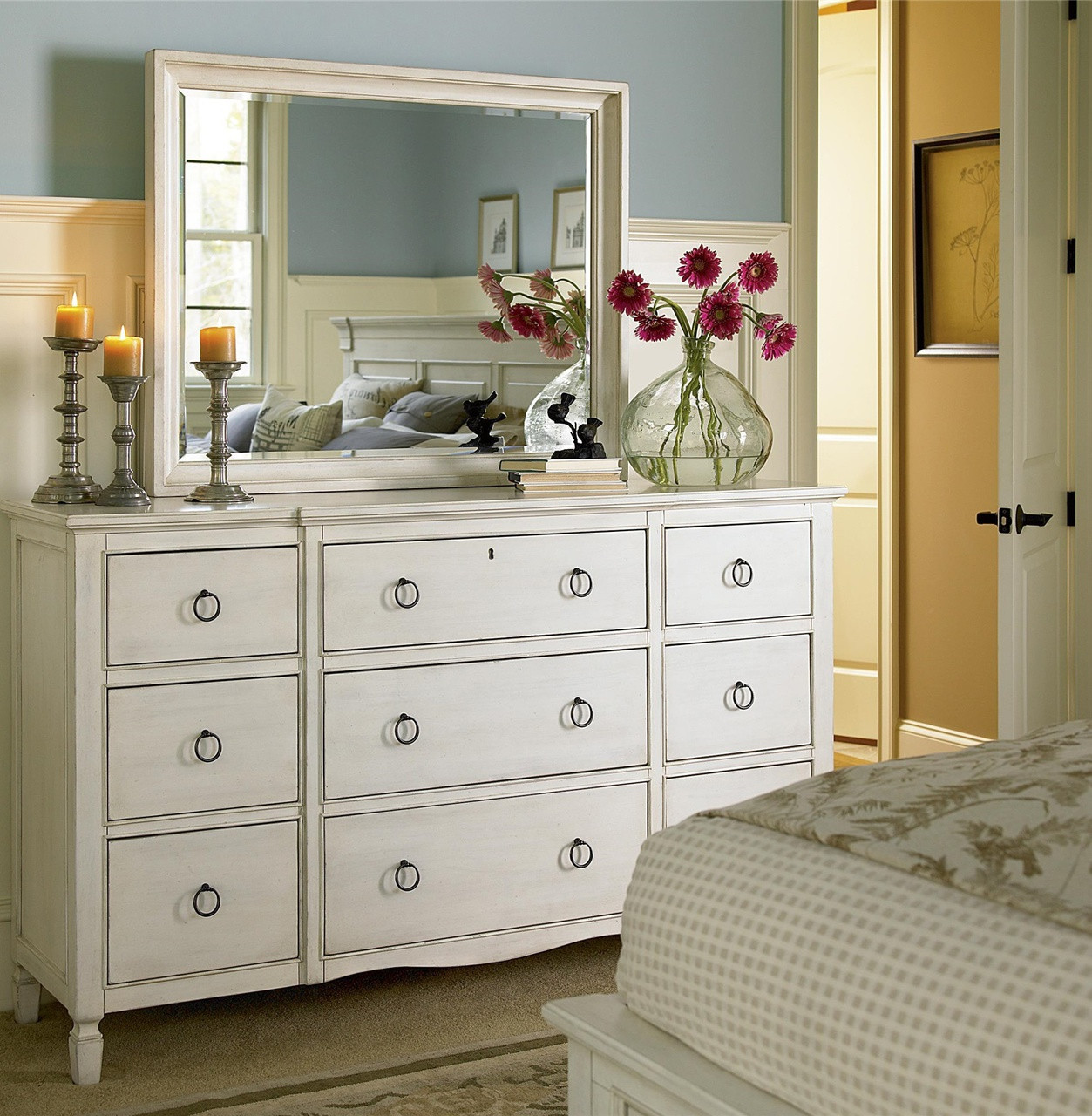 Country Chic Maple Wood 9 Drawer White Dresser With Mirror Zin Home