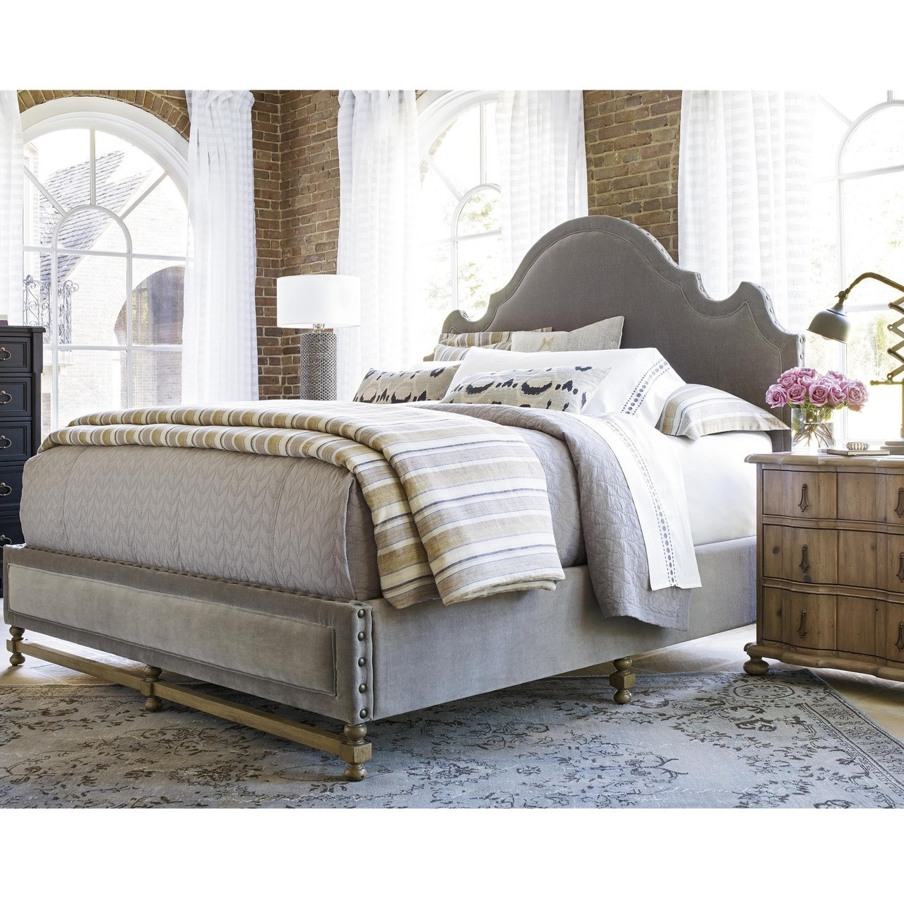 French Country Tufted Gray Velvet Queen Panel Bed Zin Home