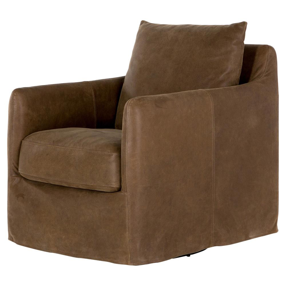 Banks Slipcovered Leather Swivel Club Chair Umber Grey Zin Home