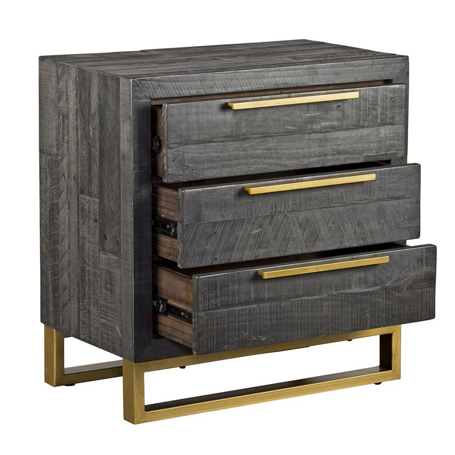 Elle Brass Leg Reclaimed Wood 3 Drawers Nightstand, Black Zin Home