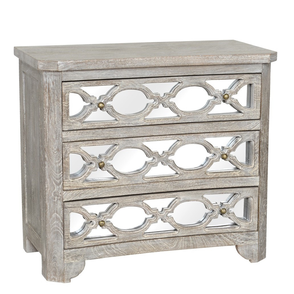 Lattice Whitewash Wood Mirrored 3 Drawers Chest 36" Zin Home
