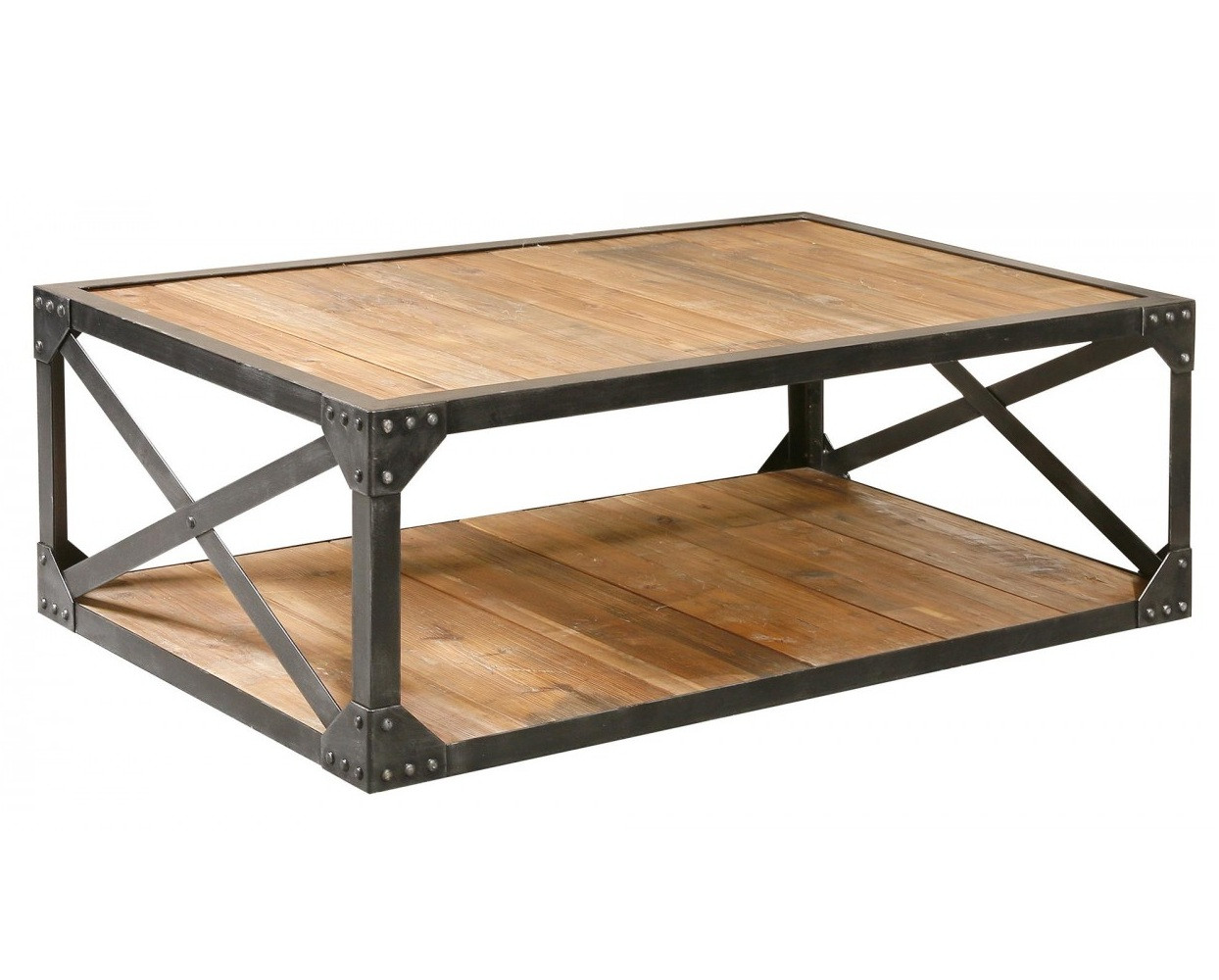 Industrial Metal and Wood Coffee 51" Table Rectangular Cocktail Table