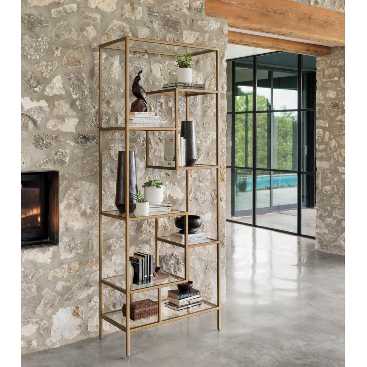 Helena Staggered Antique Brass + Glass Shelf Bookcase 102" Zin Home