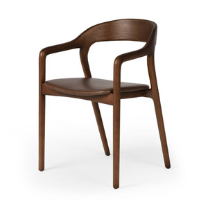 Amare Brown Leather Seat Solid Wood Dining Arm Chair