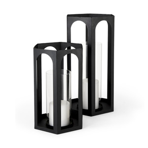 Balley Set of Two Matte Black Metal Hexagonal Candle Holder Lanterns
