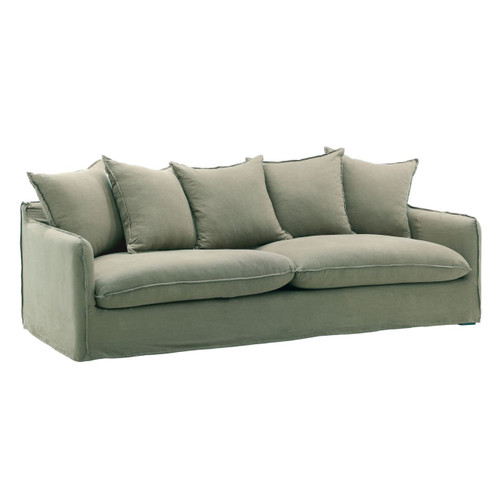 Chelsea Green Linen Slipcovered Camelback Sofa 96