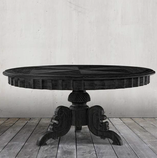 Parisian Vintage Oak Antique Black Round Pedestal Dining Table 63"