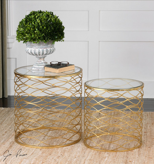 Zoa Bright Gold Leaf Glass Top Round Side Tables