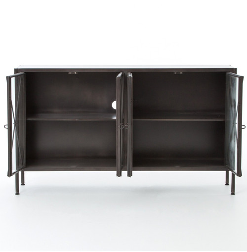 Industrial Aged Black Metal Media Console Sideboard With Glass