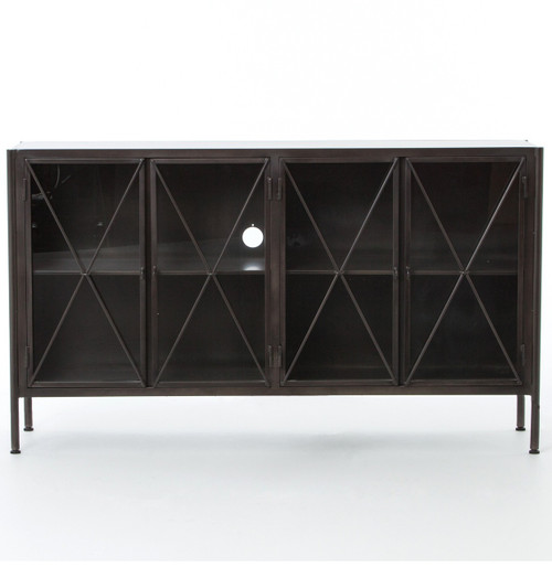 Industrial Aged Black Metal Media Console Sideboard With Glass
