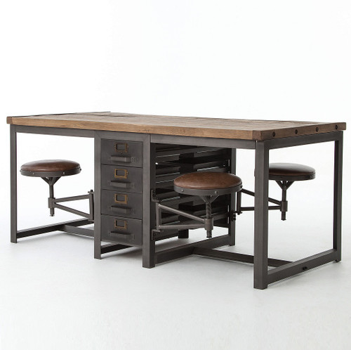 Rupert Industrial Architect Work Table Desk With Attached Seating