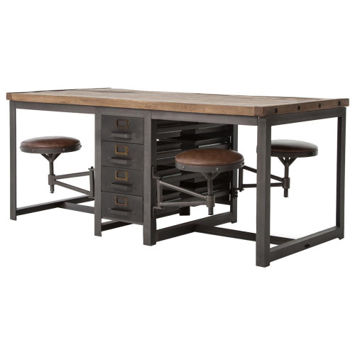 Rupert Industrial Architect Work Table Desk With Attached Seating