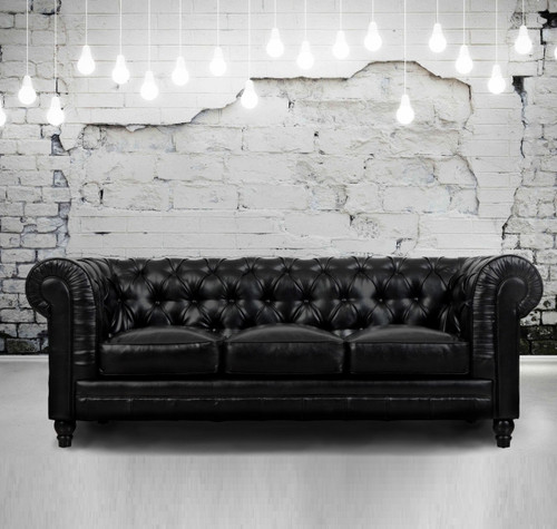 Zahara Tufted Black Leather Chesterfield Sofa