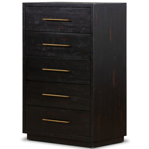 Modern Burnished Black Wood 5 Drawer Tall Boy Chest