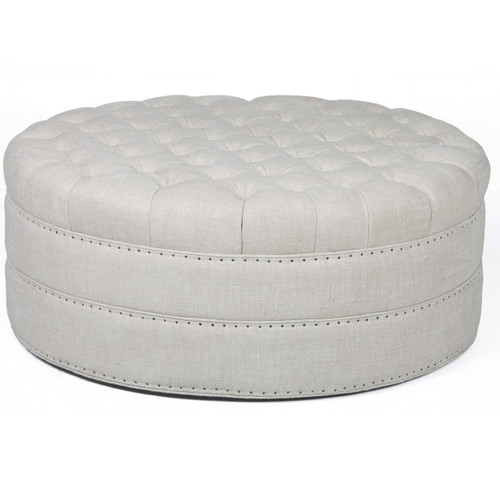 Nora Grand Linen Upholstered Round Tufted Ottoman