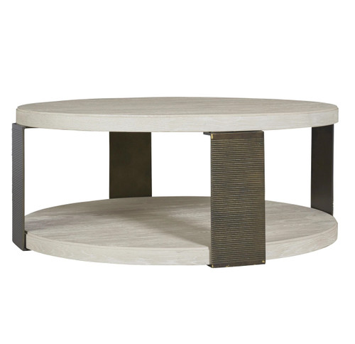 Modern Grey Oak Wood + Bronze Metal Wilder Round Cocktail Table