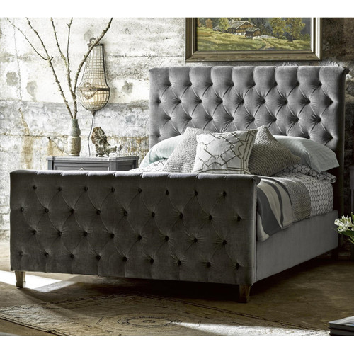 French Country Tufted Gray Velvet King Panel Bed | Zin Home
