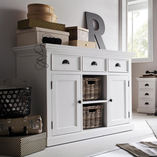 Coastal French White Buffet With Basket Storage