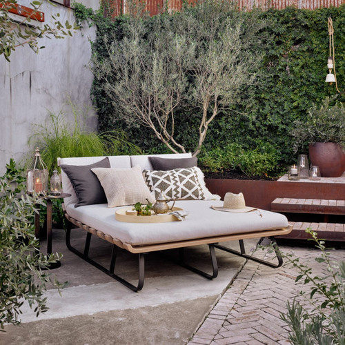 Dimitri Teak Wood Grey Outdoor Double Chaise Daybed Zin Home
