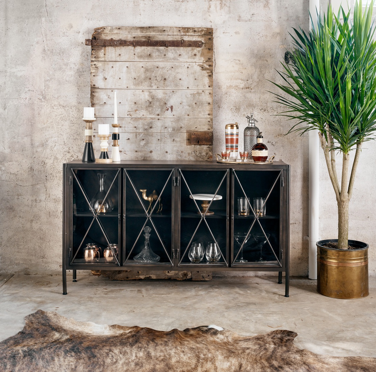 Industrial Aged Black Metal Media Console Sideboard With Glass