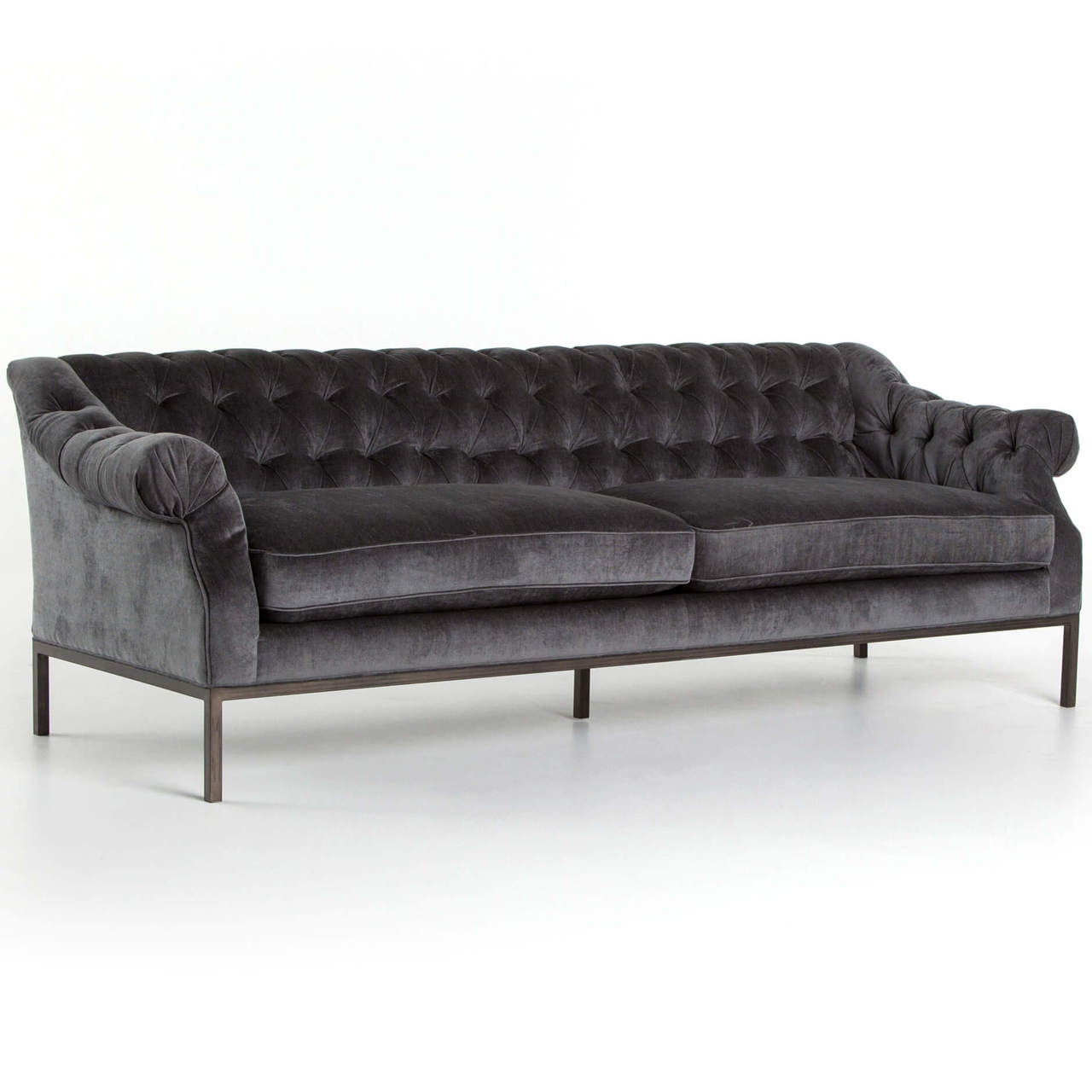Damon Grey Velvet Rolled Arm Tufted Sofa Zin Home