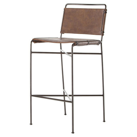 Oxford Distressed Brown Leather Steel Tube Bar Stool | Zin Home