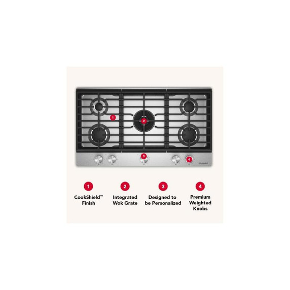 KitchenAid® 36  in. Gas Cooktop with 5 Burners and Integrated Wok Grate KCGK536SJP