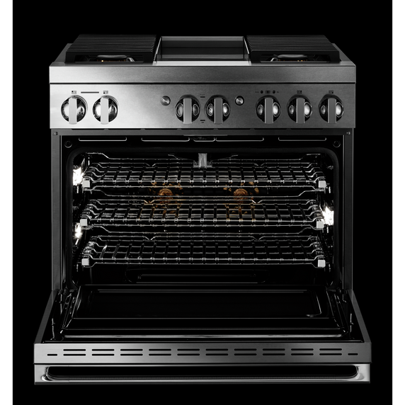 Jennair® NOIR™ 36 Dual-Fuel Professional Range with Chrome-Infused Griddle JDRP536HM