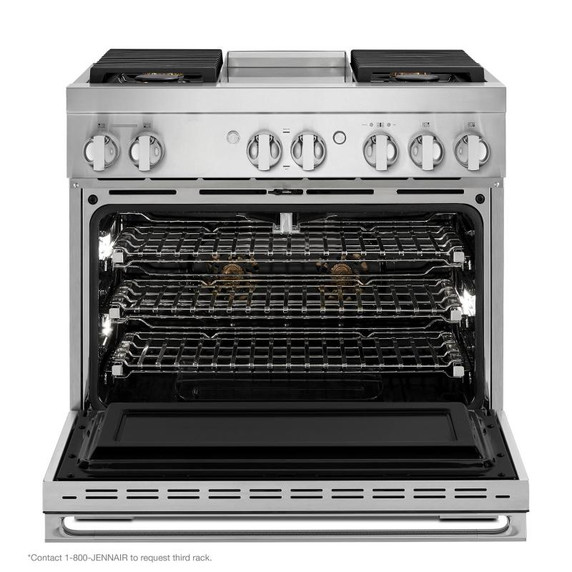 Jennair® 36" NOIR™ Dual-Fuel Professional-Style Range with Chrome-Infused Griddle and Steam Assist JDSP536HM