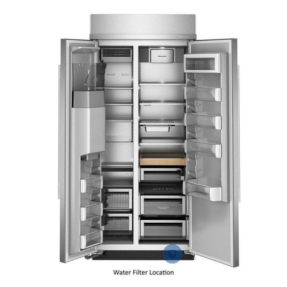 Kitchenaid® 20.8 Cu. Ft. 36" Built-In Side-by-Side Refrigerator features Exterior Water and Ice Dispenser with Measured Fill KBSD736SPS