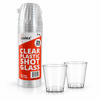 Solex retail 25-pack of 2 oz clear plastic shot cups beside two loose cups